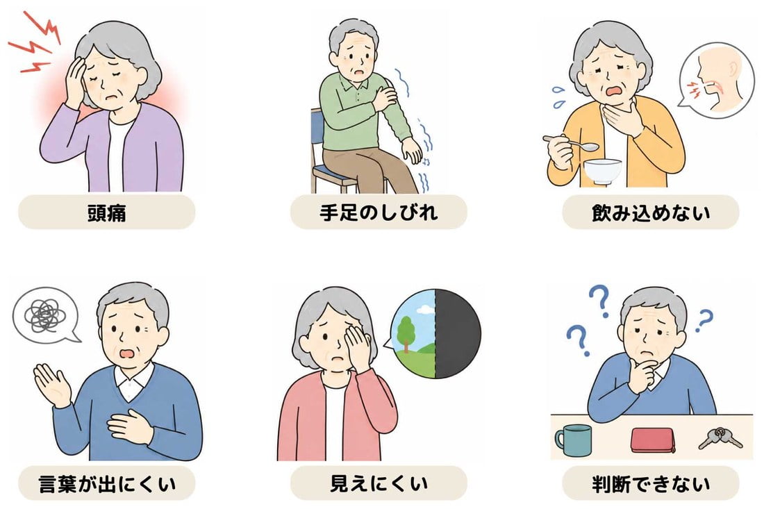 脳卒中で障害を受ける脳の部位と症状の図解
